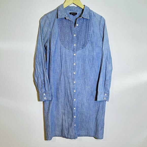 Lands‎ End Women's 6 Chambray Denim Bib Pleat Neckline Shirt Dress Flawed - Picture 1 of 7
